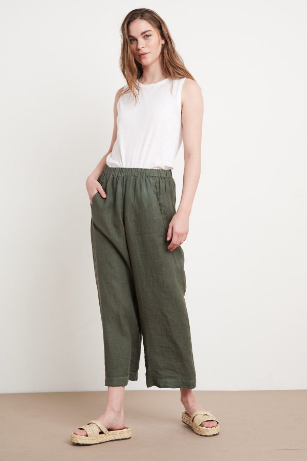 Velvet Tees Lola Woven Linen Cropped Trousers In Dark Green - Size XS | Relaxed Leg