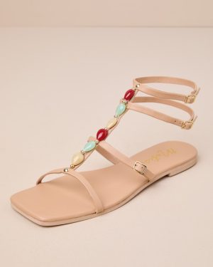 Verona Natural Beaded Leather Gladiator Sandals
