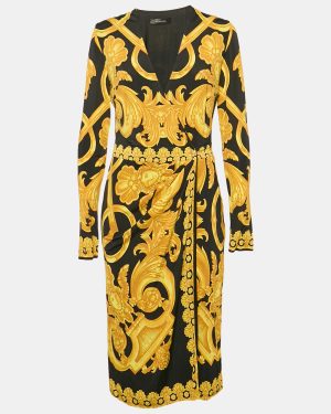 Versace Black Heritage Baroque Print Jersey Full Sleeve Midi Wrap Dress L