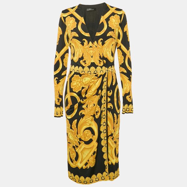 Versace Black Heritage Baroque Print Jersey Full Sleeve Midi Wrap Dress L