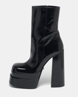 Versace Black Patent Leather Aevitas Double Platform Boots Size 40