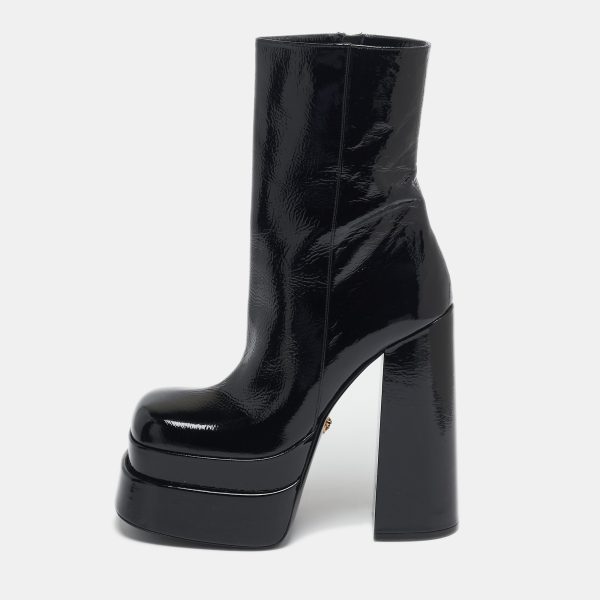 Versace Black Patent Leather Aevitas Double Platform Boots Size 40