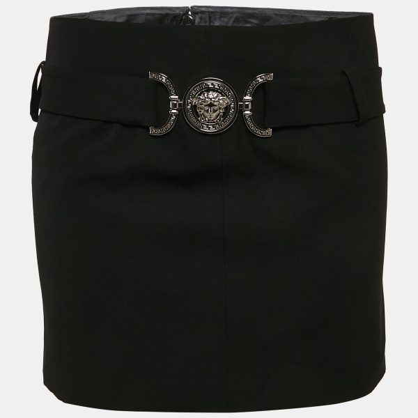 Versace Black Wool Medusa Detail Belt Mini Skirt S