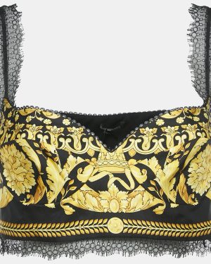 Versace Black/Yellow Baroque Print Silk and Lace Bralette Top M