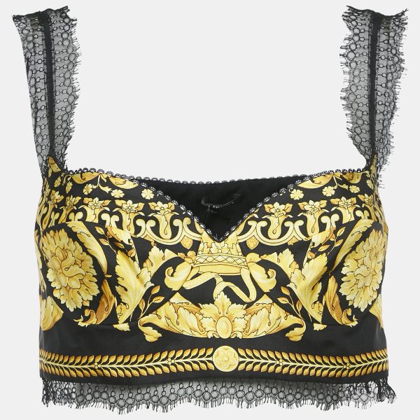 Versace Black/Yellow Baroque Print Silk and Lace Bralette Top M