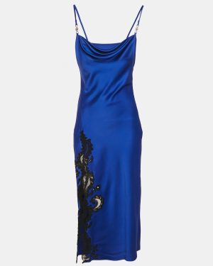 Versace Blue Barocco Lace Satin Silk Cowl Neck Slip Dress S