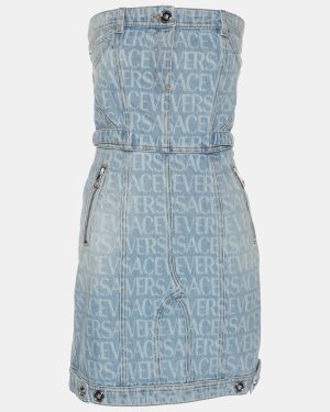 Versace Blue Logo Print Denim Strapless Mini Dress M