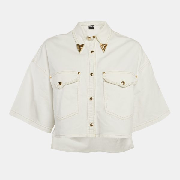Versace Jeans Couture White Denim Embellished Collar Crop Jacket M