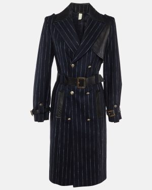 Versace Navy Blue Stripe Wool Belted Double Breasted Trench Coat M