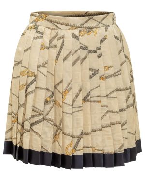 Versace Pale Yellow Pleated Mini Skirt With All-over Logo Print In Silk Blend Woman