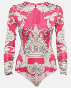 Versace Pink Baroque Print Jersey Keyhole Neck Bodysuit S