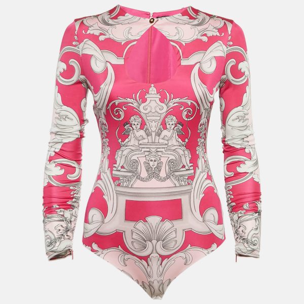 Versace Pink Baroque Print Jersey Keyhole Neck Bodysuit S