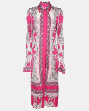 Versace Pink/Silver Satin Baroque Cutout Midi Shirt Dress S