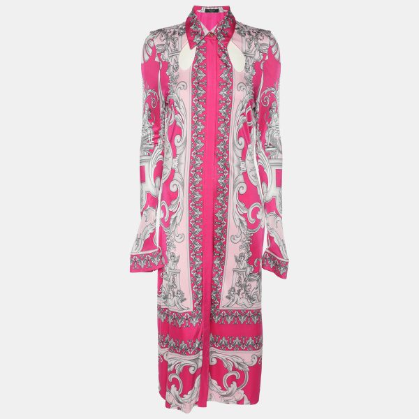 Versace Pink/Silver Satin Baroque Cutout Midi Shirt Dress S