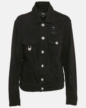 Versus Versace Black Distressed Denim Button Detail Jacket L