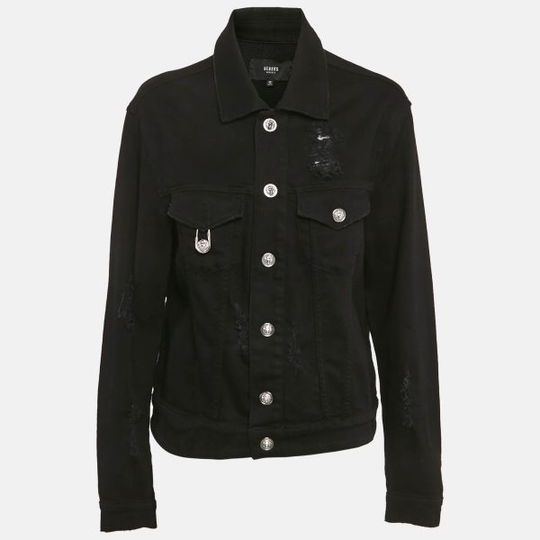 Versus Versace Black Distressed Denim Button Detail Jacket L