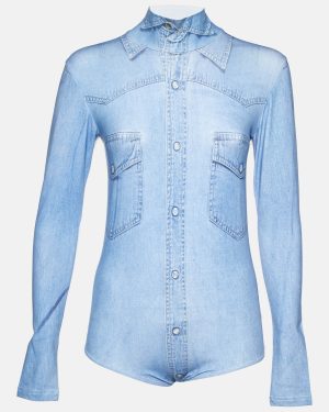Vetements Blue Denim Print Cotton Long Sleeve Bodysuit S