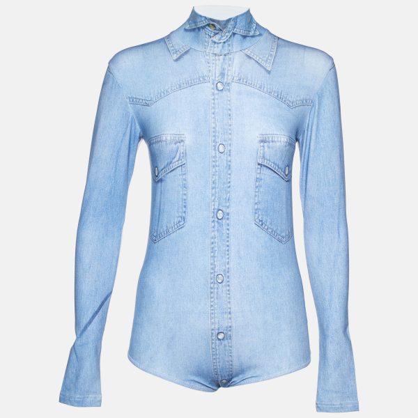 Vetements Blue Denim Print Cotton Long Sleeve Bodysuit S