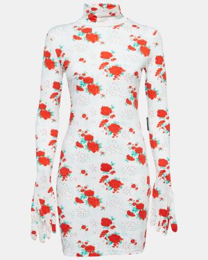 Vetements White Floral Print Jersey Bodycon Mini Dress With Golves M