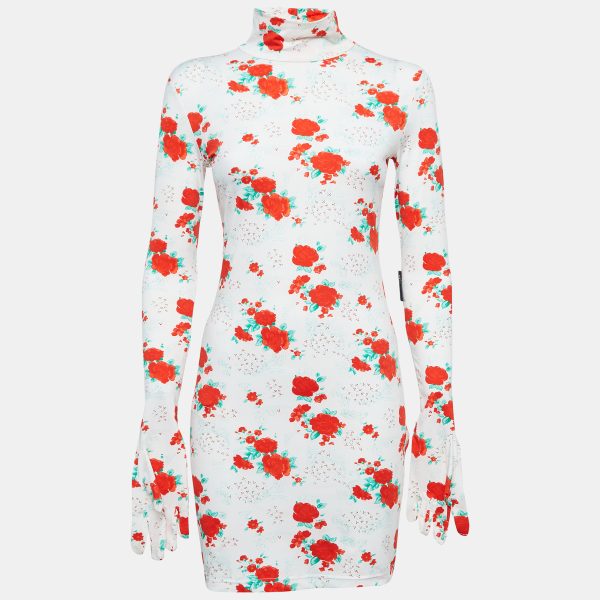 Vetements White Floral Print Jersey Bodycon Mini Dress With Golves M
