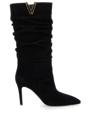 Via Roma 15 Black Heeled And V-detail Boots In Suede Woman