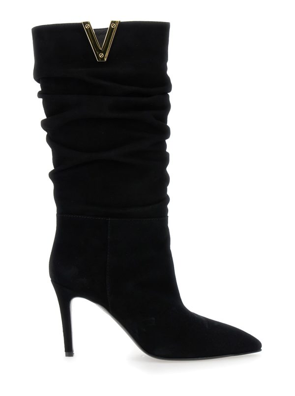 Via Roma 15 Black Heeled And V-detail Boots In Suede Woman