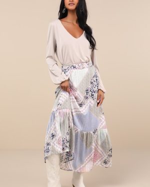 Vibrant Crush Purple Multi Scarf Print Tiered Belted Maxi Skirt