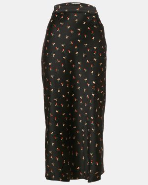Victoria Beckham Black Floral Print Textured Satin Midi Skirt S