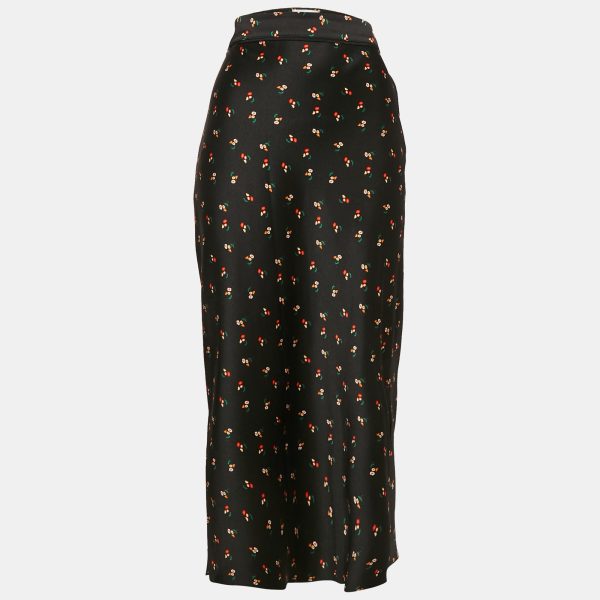 Victoria Beckham Black Floral Print Textured Satin Midi Skirt S