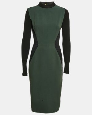 Victoria Beckham Green/Black Wool Blend Paneled Detail Bodycon Dress M