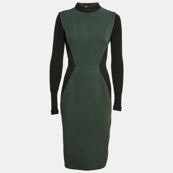 Victoria Beckham Green/Black Wool Blend Paneled Detail Bodycon Dress M