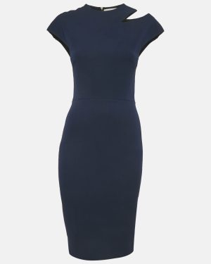 Victoria Beckham Navy Blue Silk Blend Cut-Out Shoulder Sheath Dress S