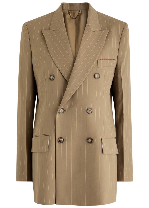 Victoria Beckham Pinstriped Double-breasted Wool Blazer - Sand - 14 (UK14 / L)