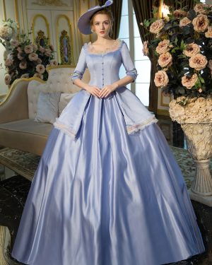 Victorian Dress Costume Blue Half Sleeves Squared Neckline Tunic Pleated Ball Gown Victorian era Clothing Costumes Dress Halloween