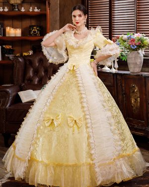 Victorian Retro Tudor Dress Costume White Rococo Lace Long Flared Sleeves Tunic Ball Gown Retro Tudor Dress Costumes With Bows Halloween