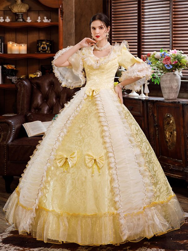 Victorian Retro Tudor Dress Costume White Rococo Lace Long Flared Sleeves Tunic Ball Gown Retro Tudor Dress Costumes With Bows Halloween