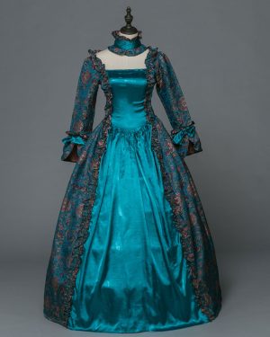 Victorian Retro Tudor Dress Costume Women's Baroque Masquerade Ball Gowns Blue Floral Long Sleeves with Choker Victorian Era Clothing with hat Retro Tudor Dress Costumes Halloween