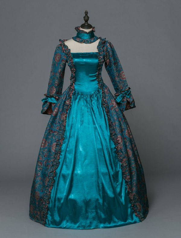 Victorian Retro Tudor Dress Costume Women's Baroque Masquerade Ball Gowns Blue Floral Long Sleeves with Choker Victorian Era Clothing with hat Retro Tudor Dress Costumes Halloween