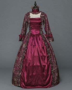 Victorian Retro Tudor Dress Costume Women's Baroque Masquerade Ball Gowns Burgundy Floral Long Sleeves with Choker Victorian Era Clothing with hat Retro Tudor Dress Costumes Halloween