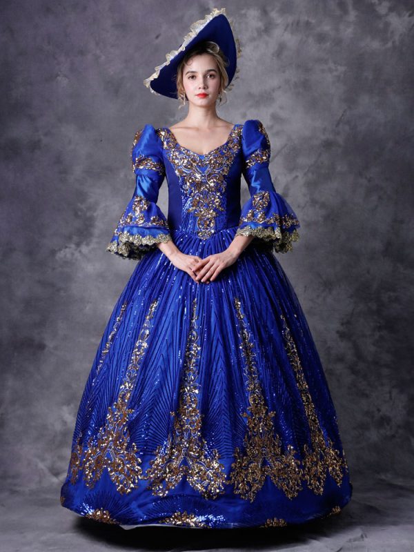 Victorian Retro Tudor Dress Costume Women's Royal Blue Half Sleeves Baroque Masquerade Ball Gowns with hat Royal Victorian Era Clothing Retro Costume Halloween