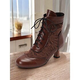 Victorian Style Women's Ankle Boots with Lace Design and Faux Leather Accents - Vintage Lace-Up Footwear for Casual and Costume Occasions