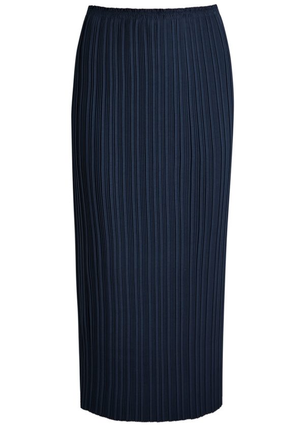 Vince Pleated Satin Midi Skirt - Dark Navy - L (UK14 / L)
