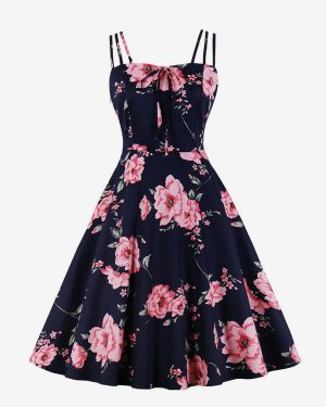 Vintage A-line Dress with Straps Tie-Front 1950s Audrey Hepburn Style Floral Midi Swing Dress For Women 2025