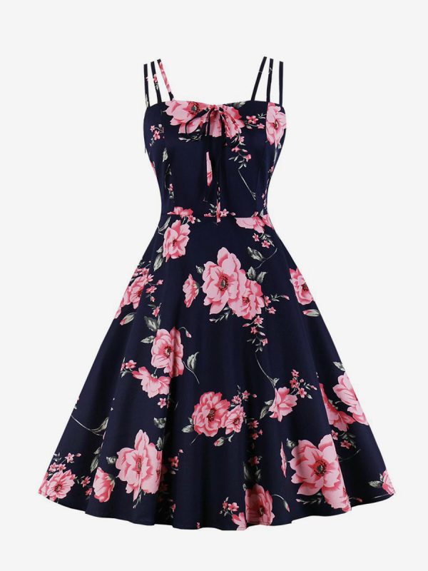 Vintage A-line Dress with Straps Tie-Front 1950s Audrey Hepburn Style Floral Midi Swing Dress For Women 2025