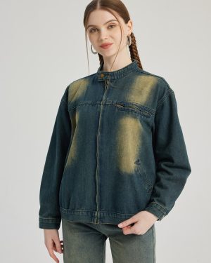 Vintage Denim Jacket Round Neck Spring Outerwear For Women 2025