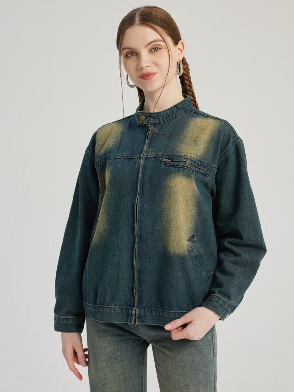 Vintage Denim Jacket Round Neck Spring Outerwear For Women 2025