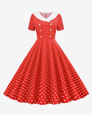 Vintage Dress 1950S V-Neck Pleated Layered Short Sleeves Woman Knee Length Polka Dot Swing Dress