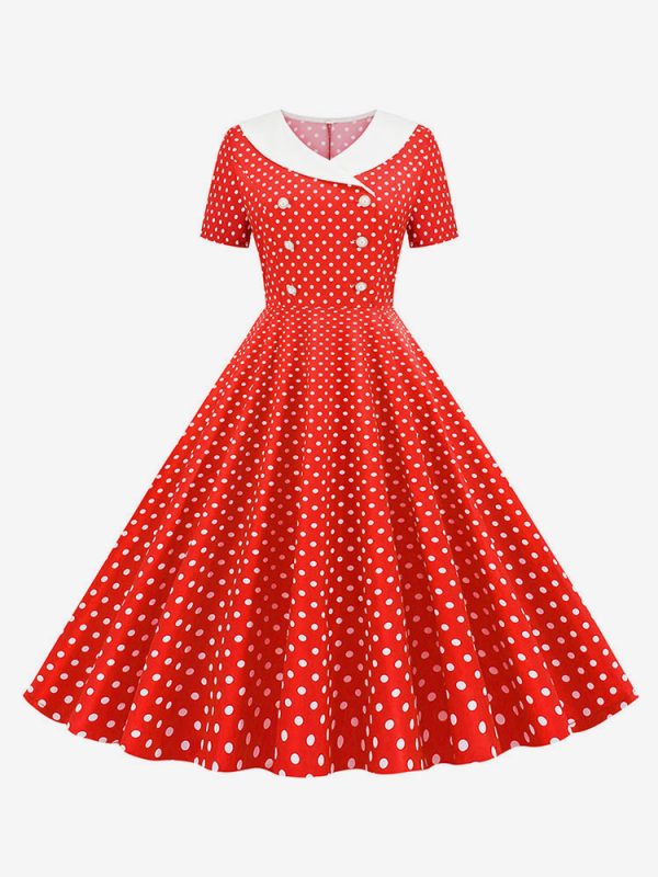 Vintage Dress 1950S V-Neck Pleated Layered Short Sleeves Woman Knee Length Polka Dot Swing Dress