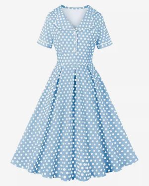 Vintage Dress 1950s Audrey Hepburn Style Light Sky Blue Polka Dot Buttons Short Sleeves Turndown Collar Medium Swing Dress