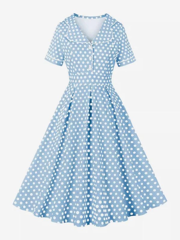 Vintage Dress 1950s Audrey Hepburn Style Light Sky Blue Polka Dot Buttons Short Sleeves Turndown Collar Medium Swing Dress